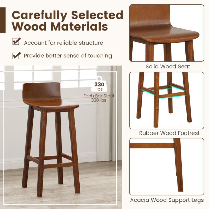 Hivvago 29 Inch Wood Bar Stools Set of 2 with Solid Back and Seat