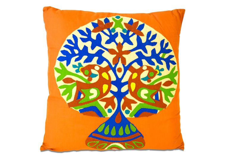 HomeRoots Set of Two 16" Orange And Blue Patchwork Tree Cotton Throw Pillows with Applique And Embroidery image number 2