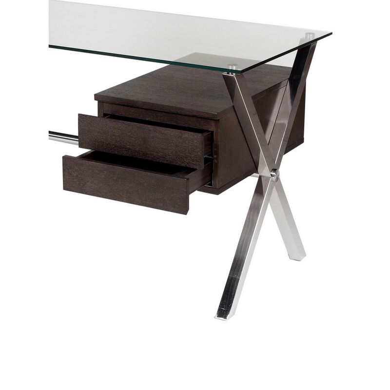 Tia 51 Inch Small Office Desk, Glass Tempered Top, 2 Drawers, Dark Brown - Benzara image number 3