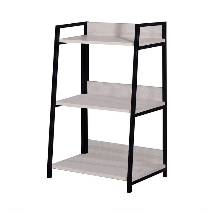 Wooden Bookshelf with 3 Open Compartments, Washed White and Black - Benzara