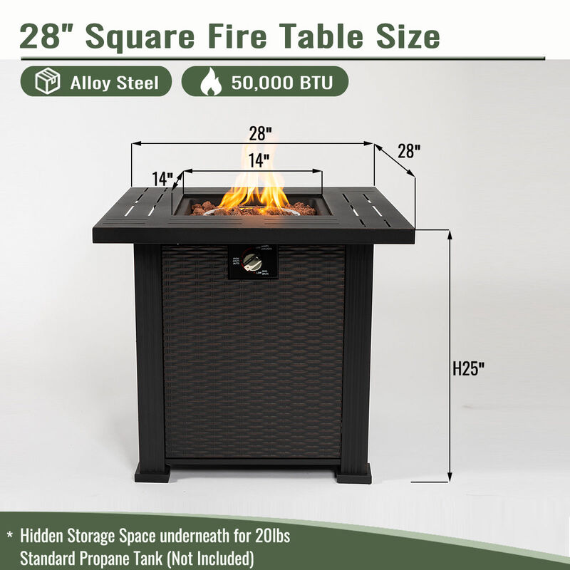28" Propane Gas Fire Pit Table, 50000 BTU Square Steel Fire Pit for Outside Patio Deck Garden Backyard