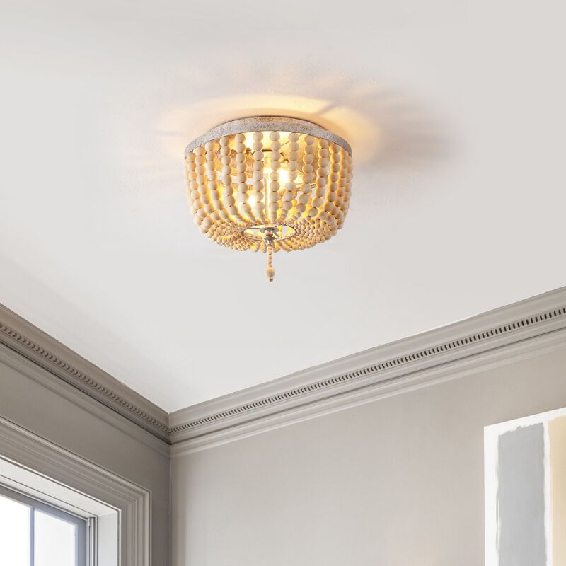 Allison 2-Light Shabby Chic Farmhouse Wood Beaded/Metal LED Flush Mount