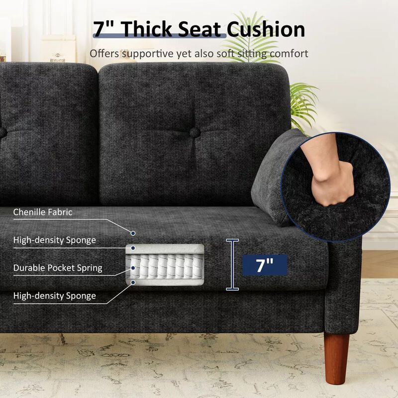 Vipbear 48" Chenille Loveseat Sofa for Small Spaces &ndash; 2-Seater Couch with Deep Seat, Side Pocket image number 3