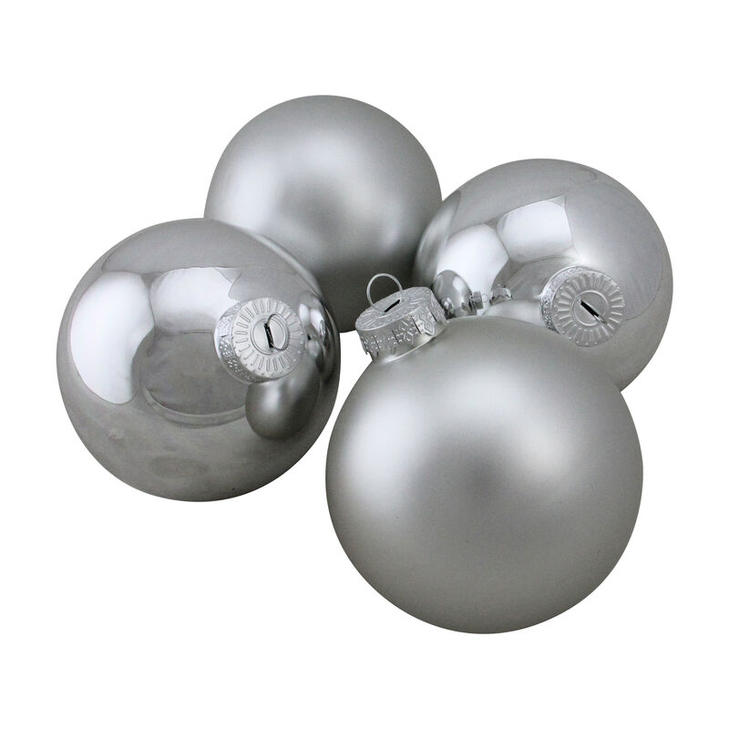 4ct Shiny and Matte Silver Christmas Glass Ball Ornaments 4" (100mm) image number 0