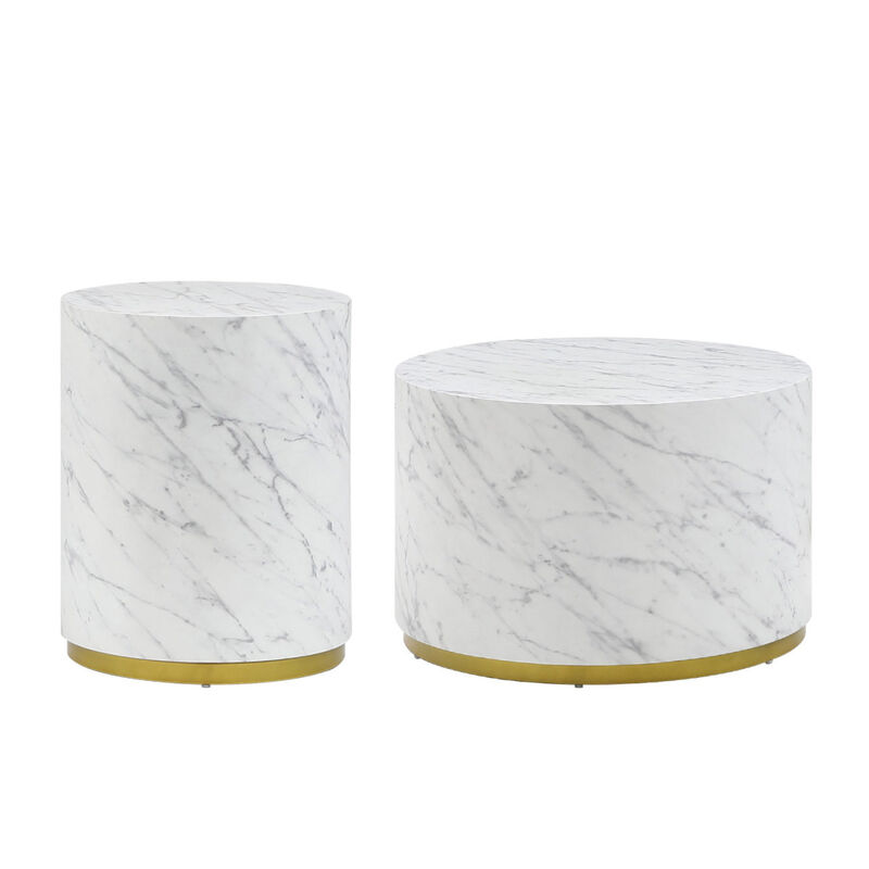 White Marble Pattern Cocktail Table MDF with Gold Metal Base 23.62inch