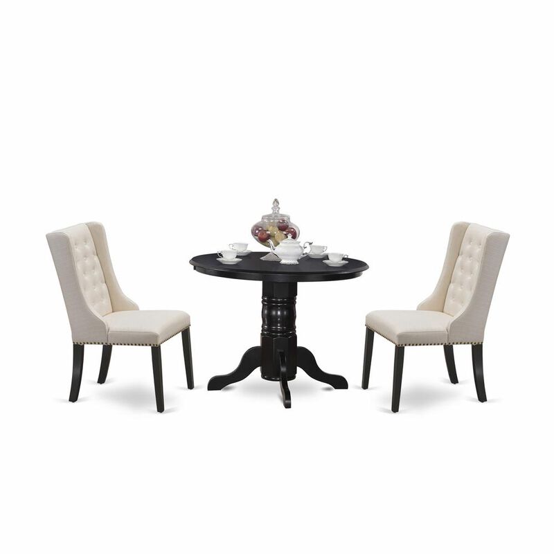 East West Furniture SHFO3-BLK-01 3-Pc Dinette Room Set Includes 1 Pedestal Dining Table and 2 Cream Linen Fabric Dining Padded Chairs with Button Tufted Back - Black Finish