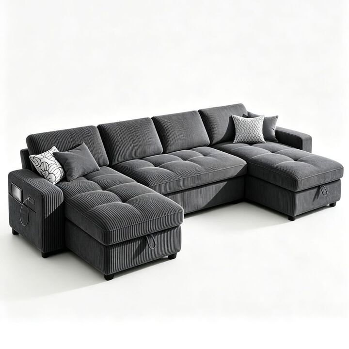 105" U-Shaped Sleeper Sofa Bed, Corduroy Pull Out Couch with Reversible Storage Chaise, 5-Position