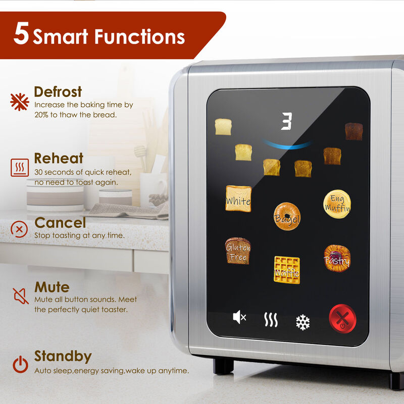 WHALLULTRA Touch Screen Toaster 2 Slice, 1.5'' Wide Slot Stainless Steel Toaster with Digital Timer, 6 Bread Types & 6 Shade Settings, Crumb Tray image number 4