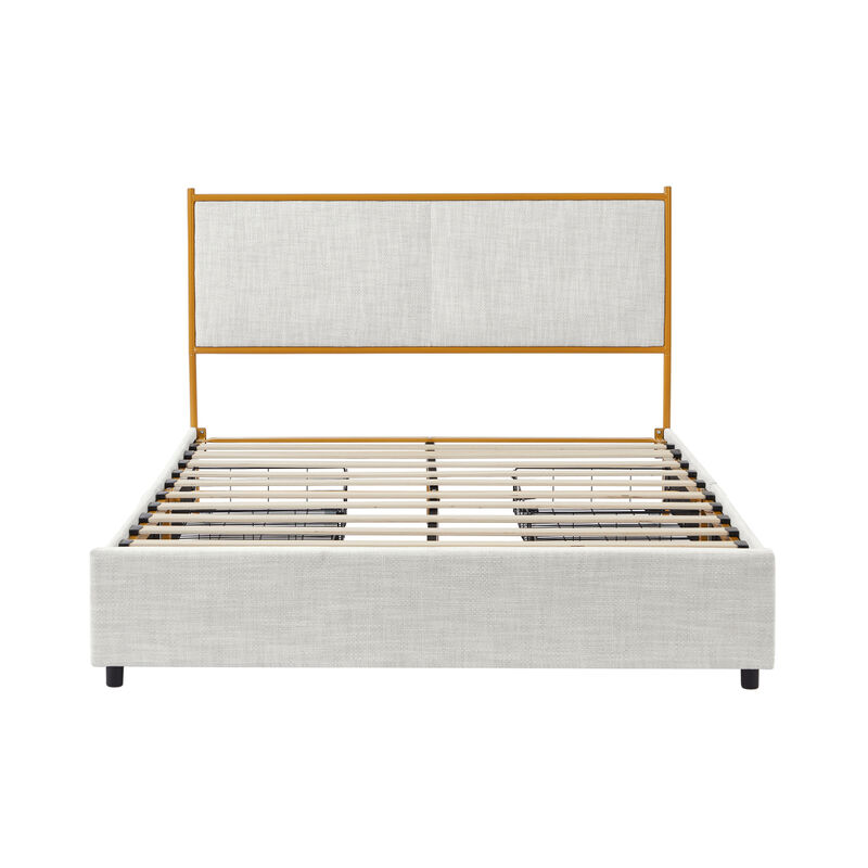Classic steamed bread shaped backrest, metal frame, solid wood ribs, with four storage drawers, sponge soft bag, comfortable and elegant atmosphere, light gray, Full size, F bed image number 4