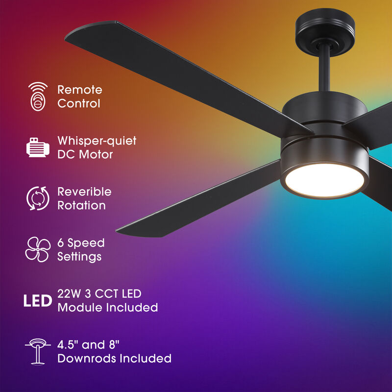 52 in. Smart Matte Black Reversible Blades Ceiling Fan with RGB Light and APP Control & Remote