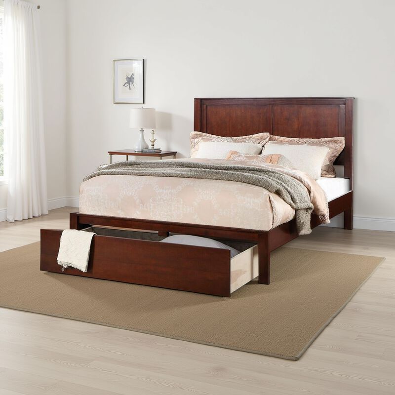 Kali Platform King Size Bed, Panel Design, 1 Storage Drawer, Cherry Brown - Benzara