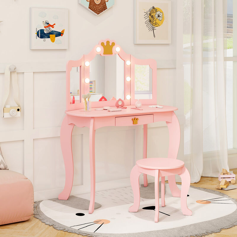 Kids Vanity Set with Tri-fold Lighted Mirror Detachable Top and Stool