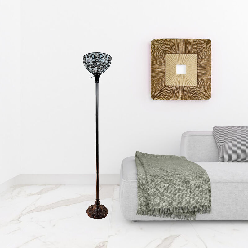 Hivvago 62" Brown And White Torchiere Floor Lamp With White Peacock Feather Glass Dome Shade