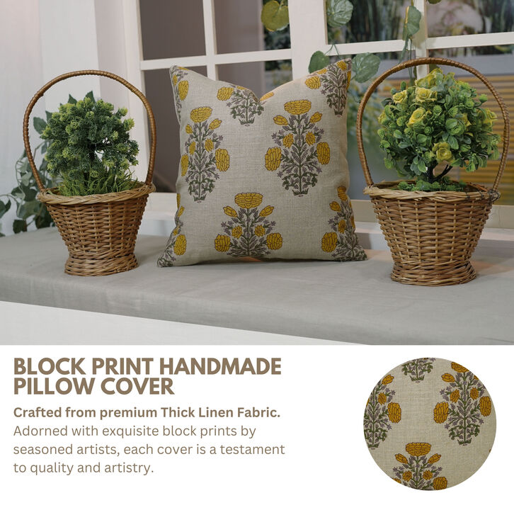 Fabdivine Heavy Linen Hand Block Floral Print Farmhouse D&eacute;cor Pillow or Cushion Cover