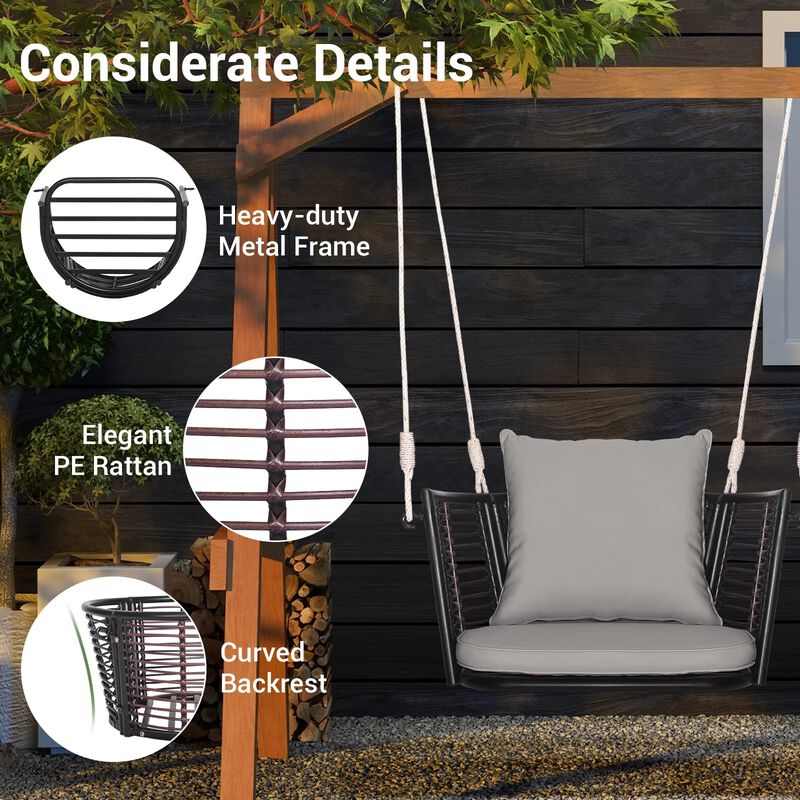 Mondawe Porch Swing Patio Hanging Rattan Chair with Zippered Cushions and Rope