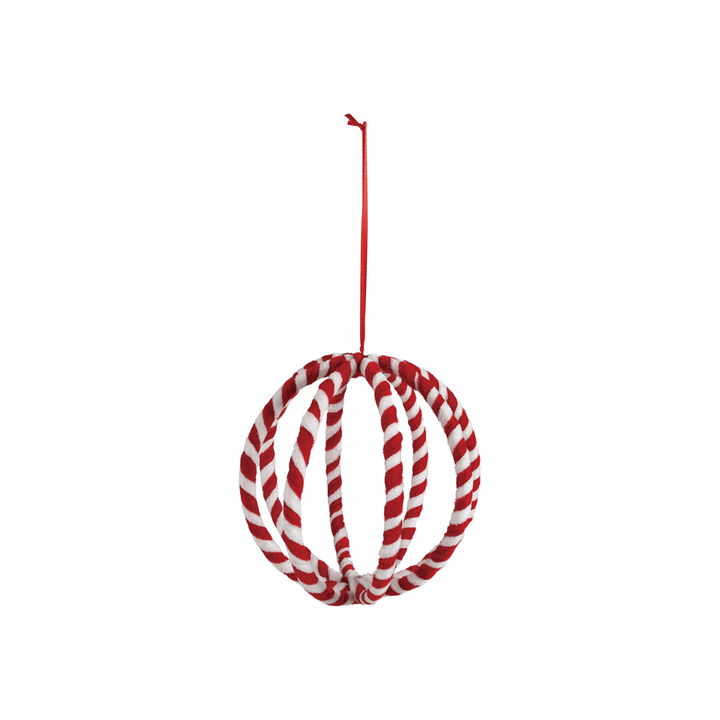 Artisan Striped Fabric Ball Ornament in Red & White