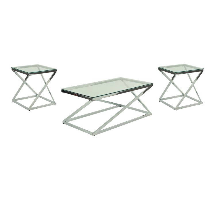 Gen Coffee and End Table Set of 3, Tempered Glass Top, Chrome Metal Base - Benzara