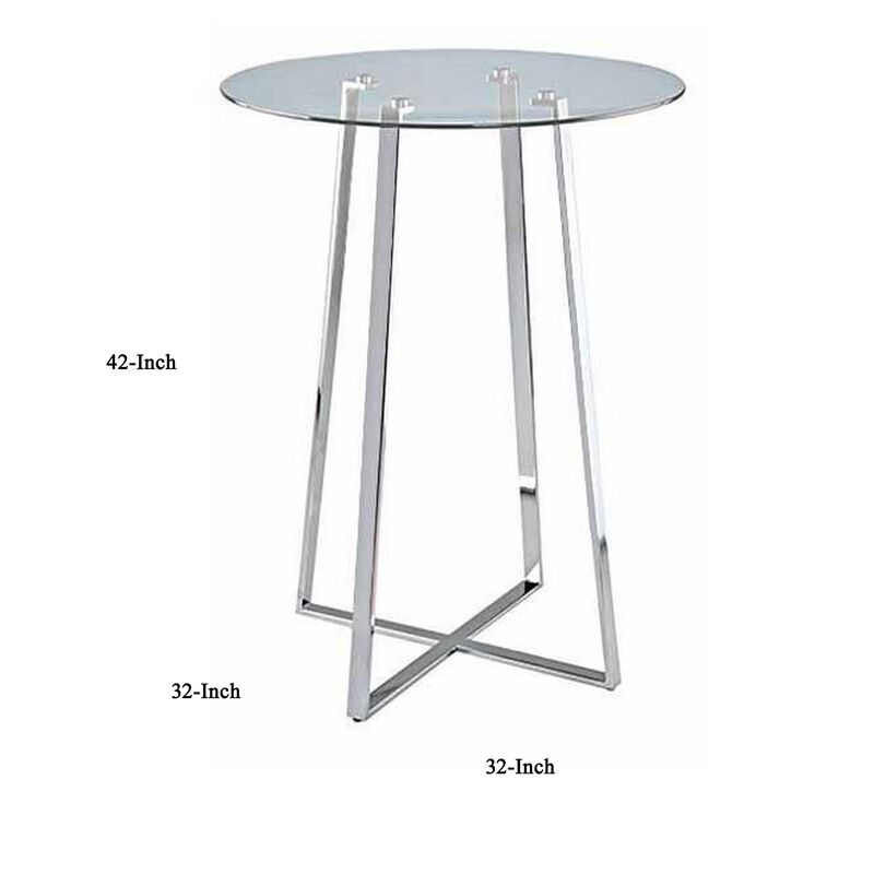 32 Inch Round Bar Table, Tempered Glass Surface, Modern Angled Chrome Legs  - Benzara
