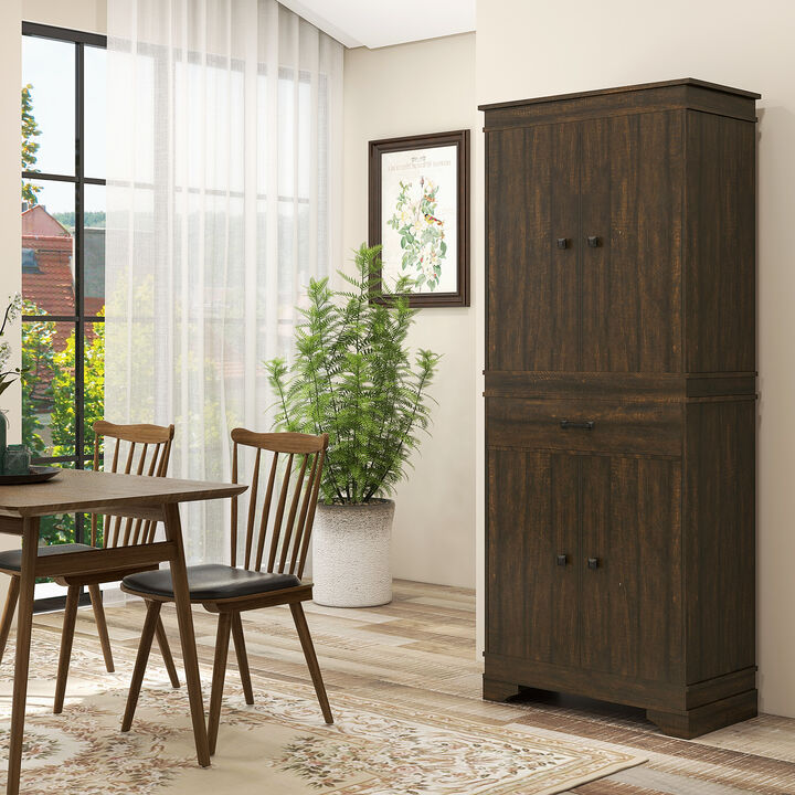HOMCOM 72" 4-Door Kitchen Pantry with Drawer and 3 Shelves Walnut