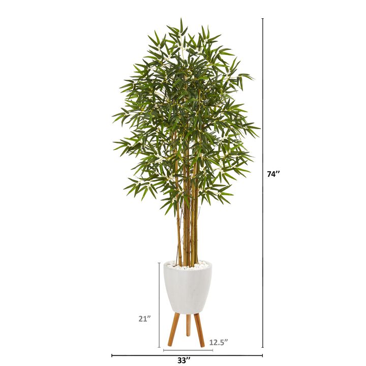 HomPlanti 74 Inches Multi Bambusa Bamboo Artificial Tree in White Planter with Stand