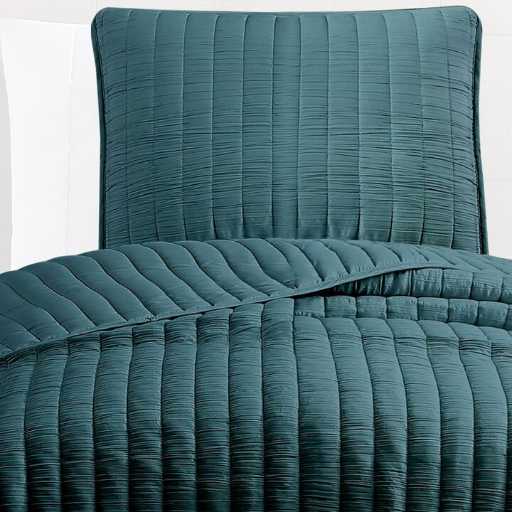 Elia Twin Contemporary Quilt Coverlet Set with Crinkle Texture, Teal Green - Benzara