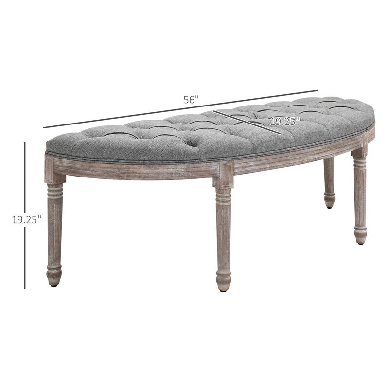 Vintage Semi-Circle Hallway Bench Tufted Upholstered Linen-Touch Fabric Accent Seat with Rubberwood Legs, Grey image number 3