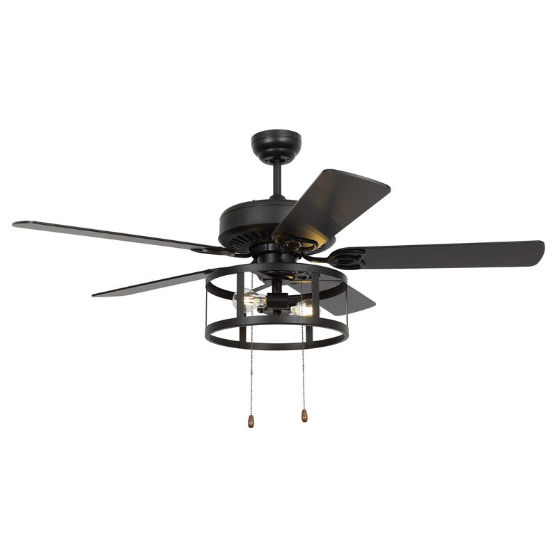 52" Industrial 2-Light Blacke Ceiling Fan with Pull Chain Control
