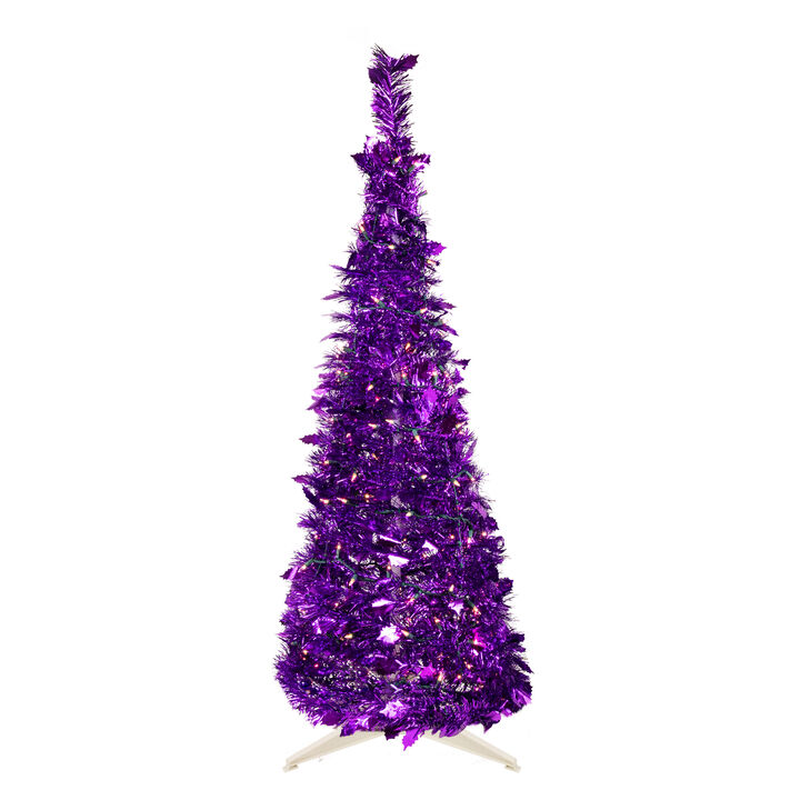 6' Pre-Lit Purple Tinsel Pop-Up Artificial Christmas Tree  Clear Lights