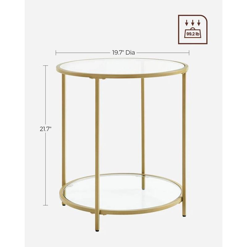 Hivvago Modern Glass Top Round Metal End Table Nightstand with Bottom Shelf in Gold