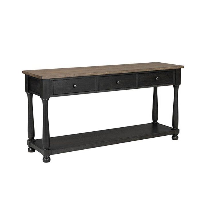 Ginie Sofa Table, 3 Drawers, Black Brown Solid Rubberwood, 60 Inch