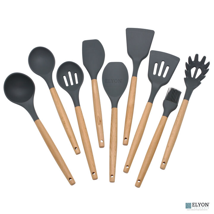 9 Piece Colored Silicone Kitchen Cooking Utensils Set with Wooden Handles
