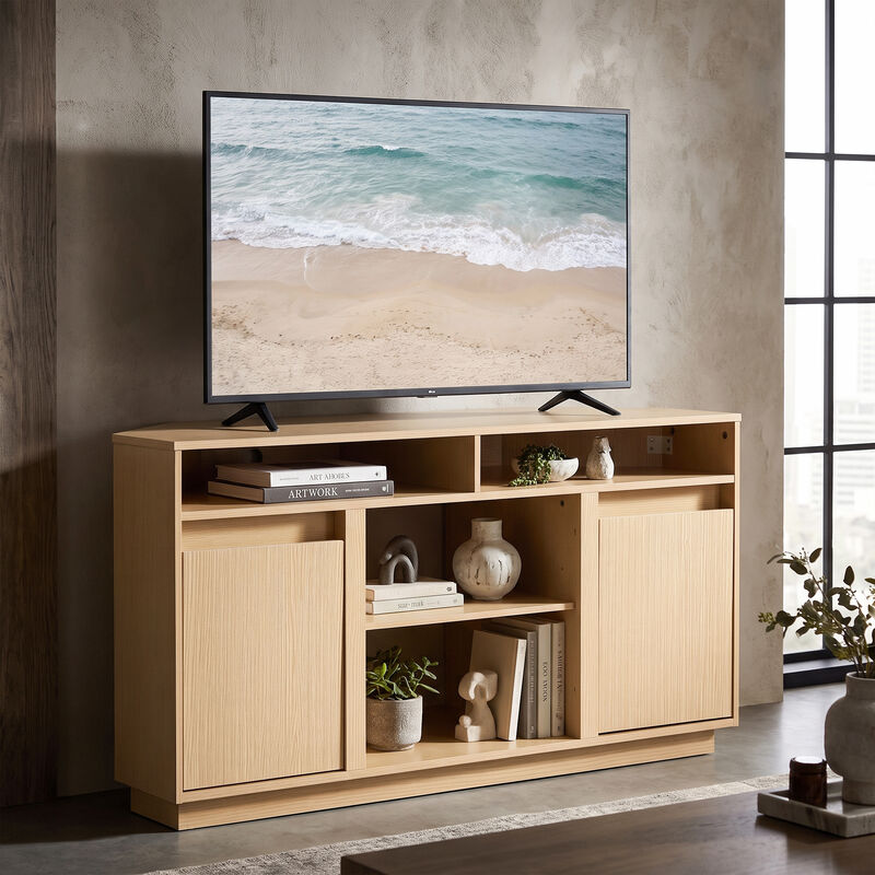 47" Modern Natural Oak Wood Fluted Door Corner TV Stand Media Console with Open Shelf and Cabinet for TVs up to 50" image number 4