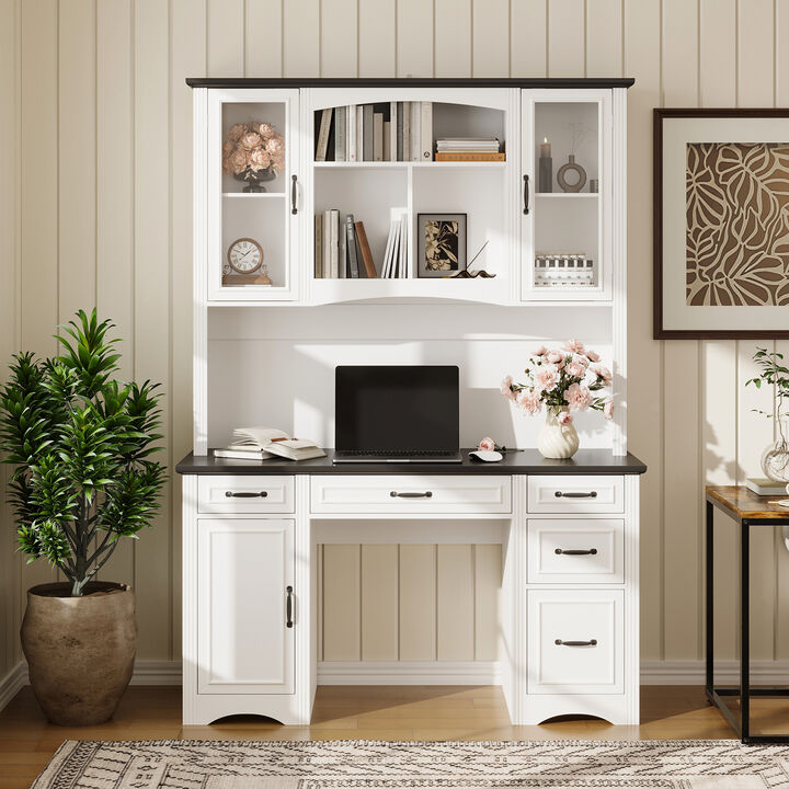 FUFU&GAGA Rustic Office Desk with Transparent Glass Doors, Shelves, Multiple Drawers, Large Storage Space, and Power Strip, (57.9 in. W x 10.7 in. D x 78.7 in. H), White and Black