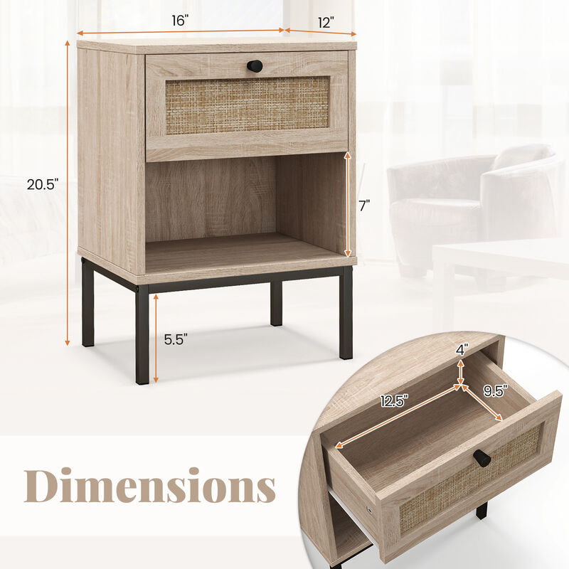 Rattan Nightstand End Table with Rattan Drawer and Open Shelf Set of 2