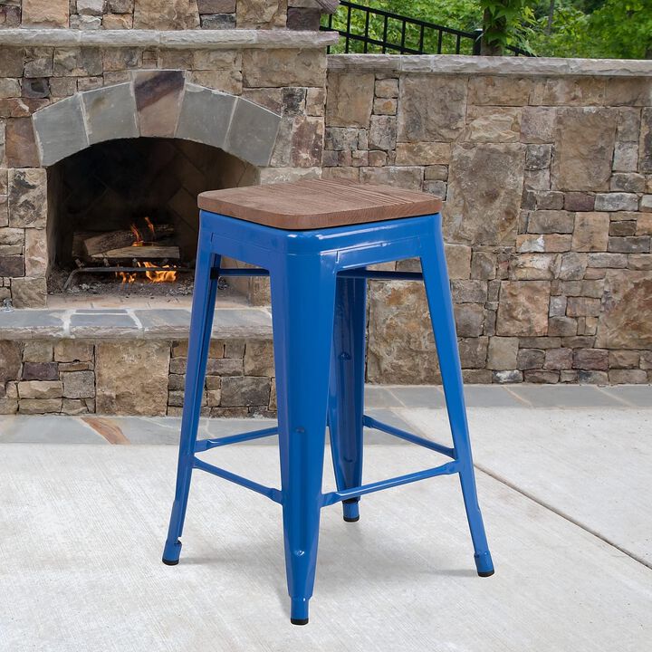 Flash Furniture Lily 24" High Backless Blue Metal Counter Height Stool with Square Wood Seat