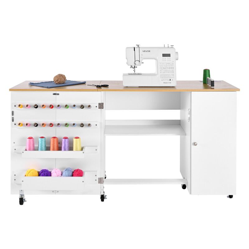 Folding Sewing Table with Storage Cabinet, Charging Station and Rolling Wheels image number 3
