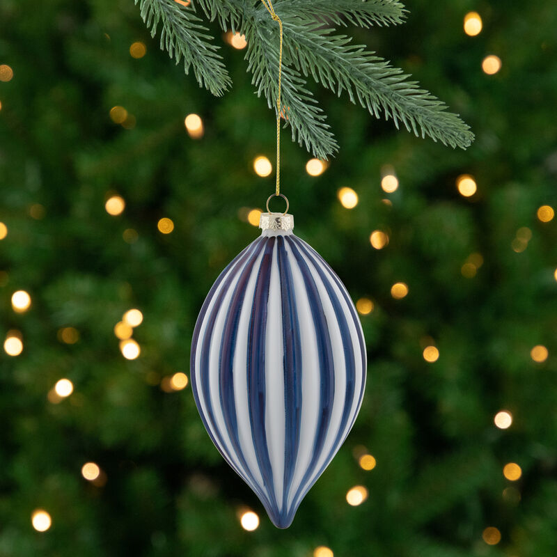 5.75" Blue and White Striped Finial Glass Christmas Ornament image number 1