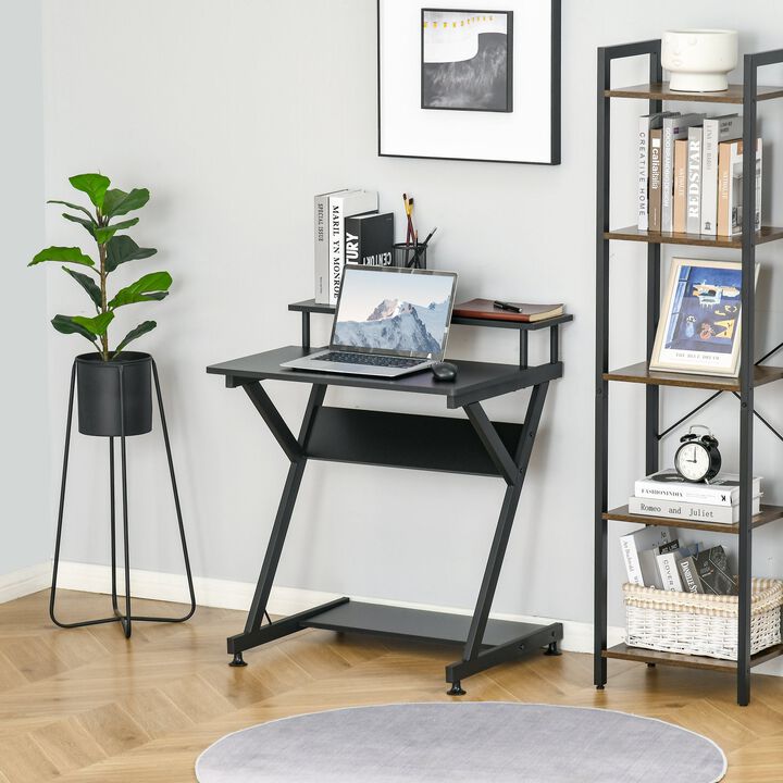 Industrial Computer Desk with Monitor Shelf, R Shaped Writing Table for Home Office, Black