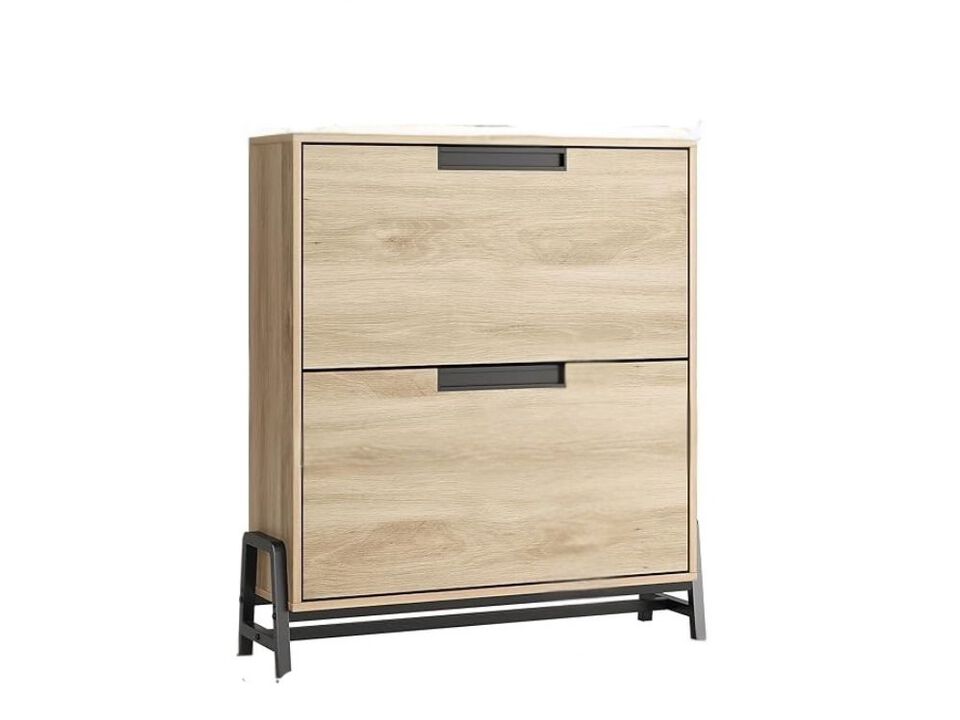 Slim Entryway Metal Shoe Storage Cabinet Flip Drawer Adjustable Space Saving Oak