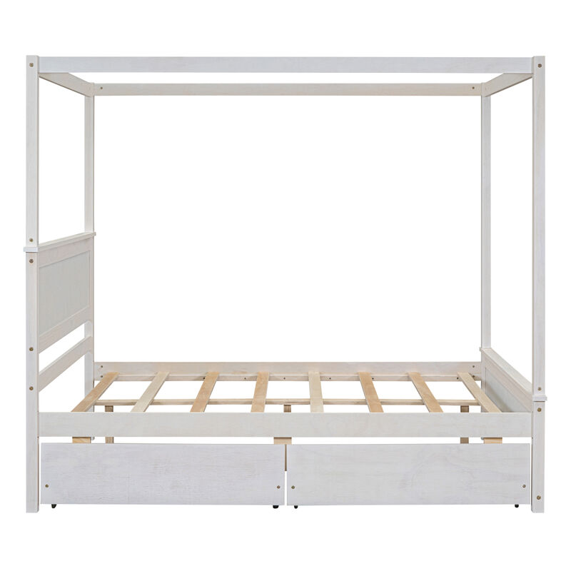 Wood Canopy Bed with two Drawers, Full Size Canopy Platform bed With Support Slats .No Box Spring Needed, Brushed White