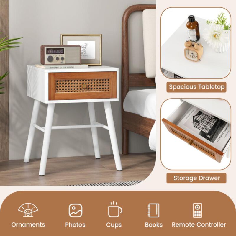 Hivvago Rattan Nightstand Mid Century Modern Accent Table with Drawer