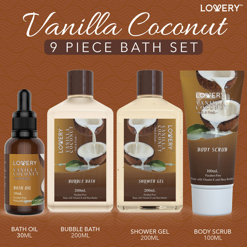 Bath and Body Gift Basket -Vanilla Coconut Home Spa - 9pc Set image number 1