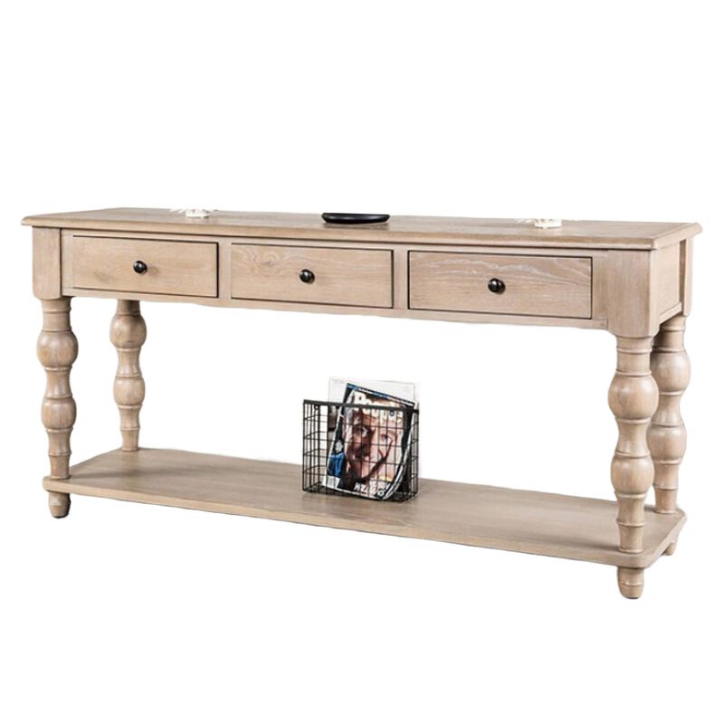 Cherie Sofa Table, 3 Drawers, Shelf, Light White Washed Wood, 64 Inch image number 2