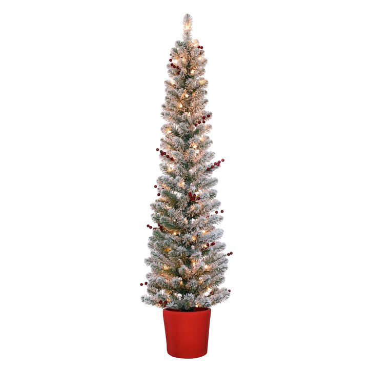 5 Foot Pre-lit Flocked Berry Artificial Fir Christmas Potted Pencil Tree