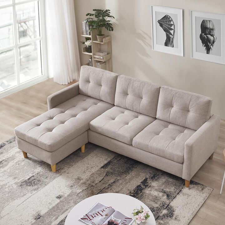 OS Home and Office Furniture Two Piece Upholstered Tufted L Shaped Sectional with Ottoman in Beige
