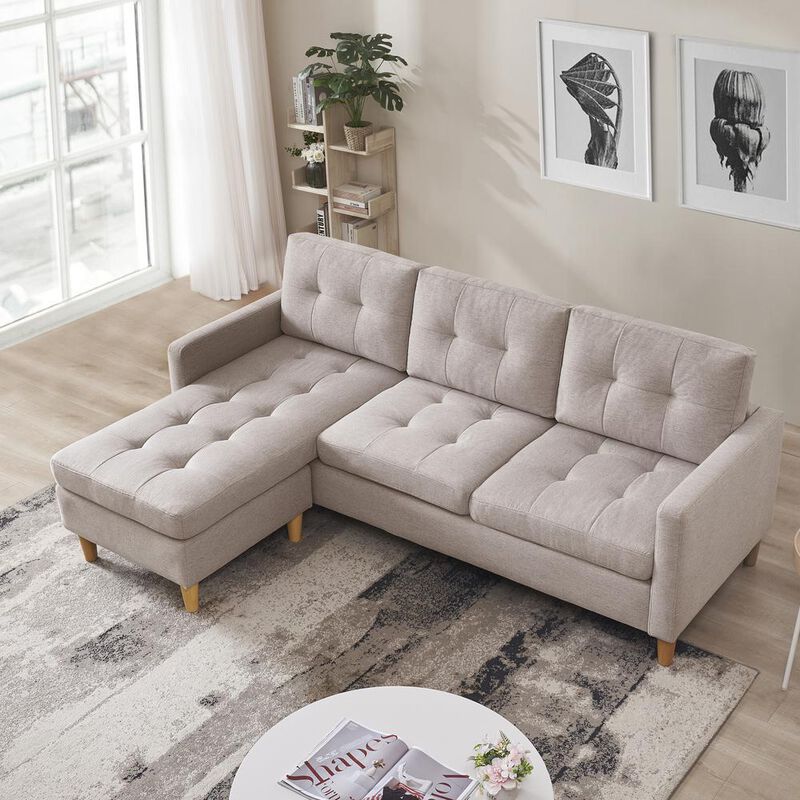 OS Home and Office Furniture Two Piece Upholstered Tufted L Shaped Sectional with Ottoman in Beige