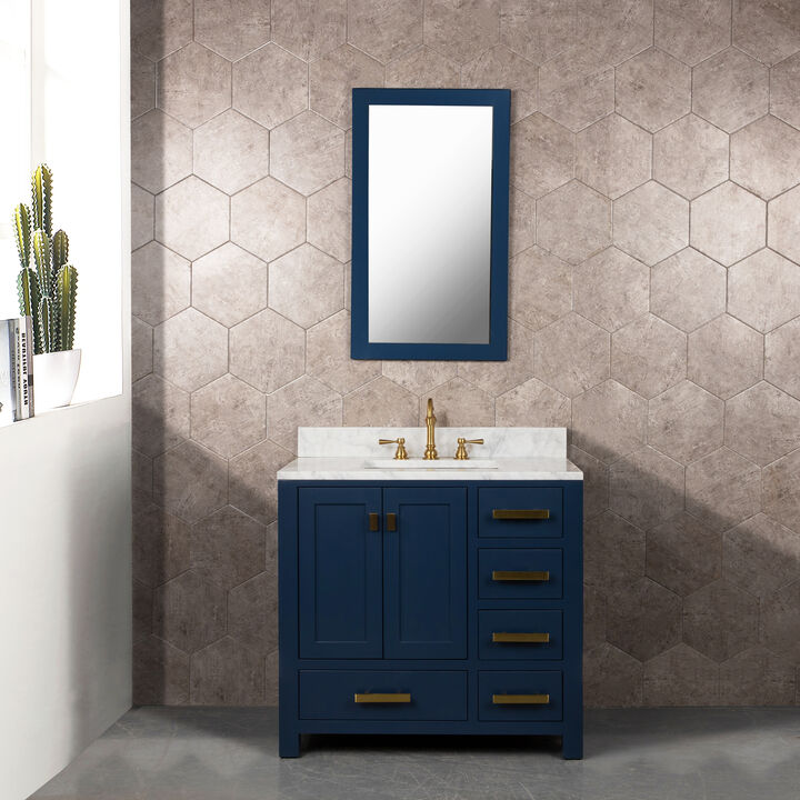 Madison 36 In. Single Sink Carrara White Marble Countertop Bath Vanity In Monarch Blue with Satin Gold Hardware