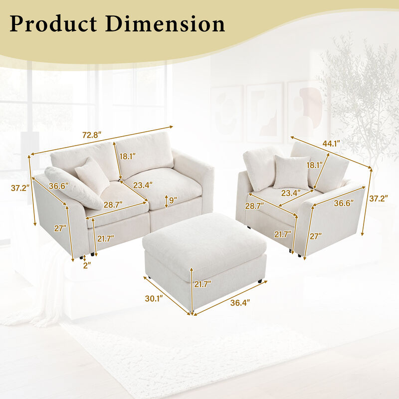 Merax 3-Piece Chenille Modular Sofa Set with Ottoman &ndash; 2-Seater, Accent Chair image number 4