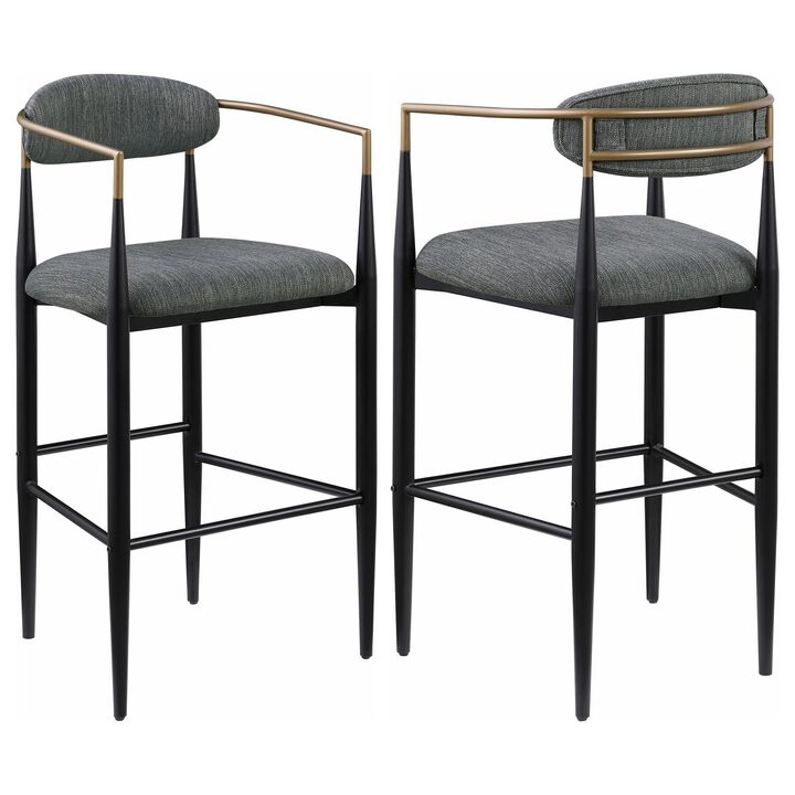 Tiara Bar Chair Set of 2, Gray Fabric, Gold, Black Metal 30 Inch - Benzara