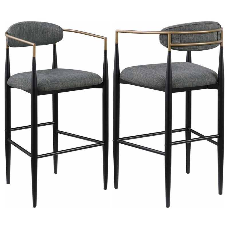 Tiara Bar Chair Set of 2, Gray Fabric, Gold, Black Metal 30 Inch - Benzara